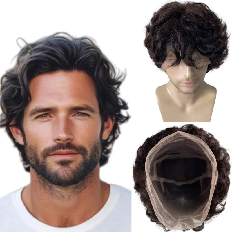 

European Virgin Human Hair Hairpiece Natural Color Hair Cut Wave Style Toupee 8x10 Full Lace Wig for Men