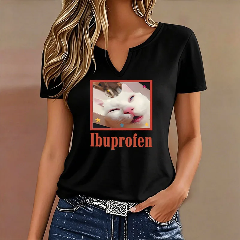Trendy Funny Ibuprofen Meme Cat Graphic T-shirt for Women V Neck Short Sleeve Casual Soft Tee Cute Kitten Meme T Shirt