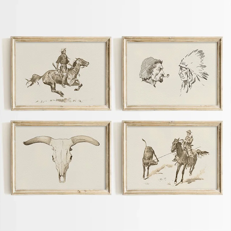 Frameless Southwestern Style Cowboy Wall Art Vintage Western Prints Living Room  American Country Rustic Gallery Poster Set