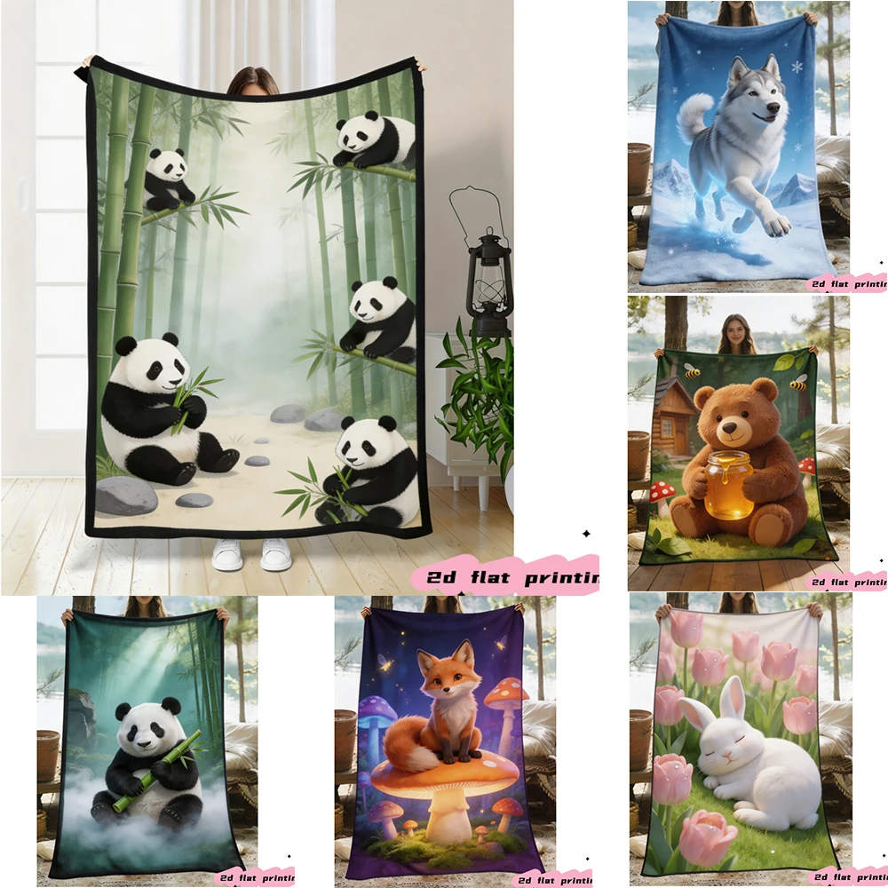 Cute Woodland Animal Throw Blanket Panda Bamboo Fox Bear Husky Bunny Wildlife Cartoon Art Graphic Blanket for  Bedroom Space
