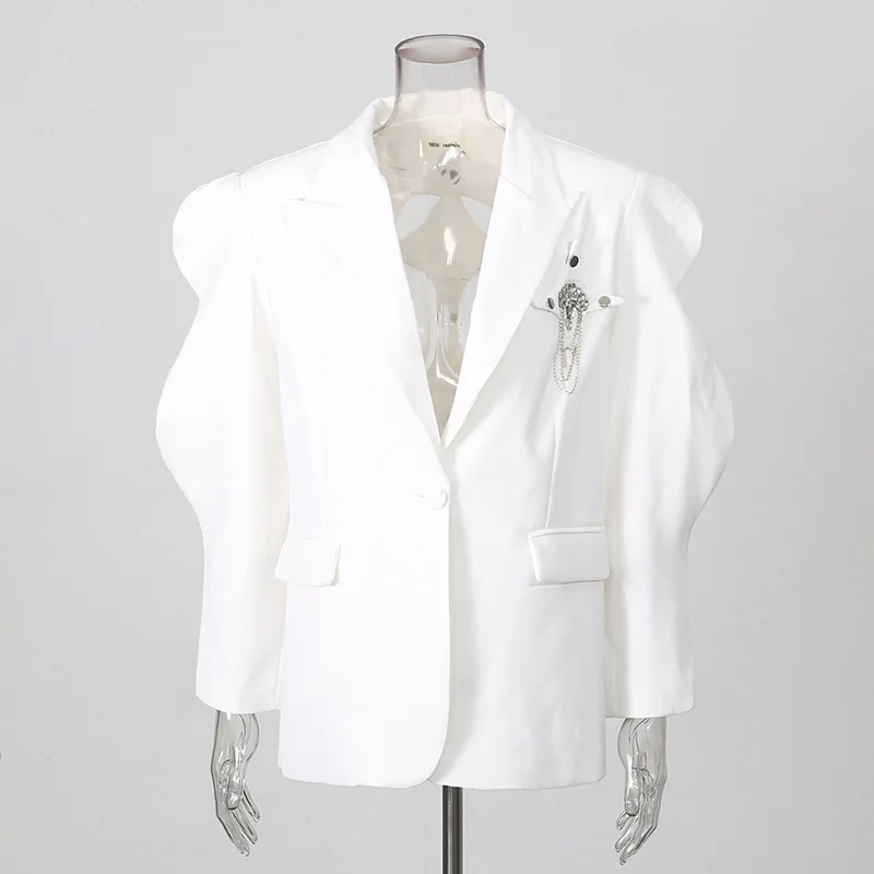 HKSH Women Blazer Trend Fashion Versatile Hollow Out Emblem Design Solid Color Patchwork Single Button Elegant Suit-Coat HK26238