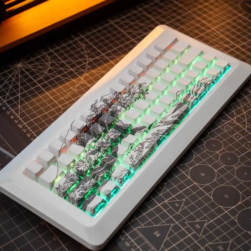 Cloud patterned Kanagawa surfing ukiyo-e keycaps 120key PBT cherry side engraved mechanical keyboard keycaps Japanese style