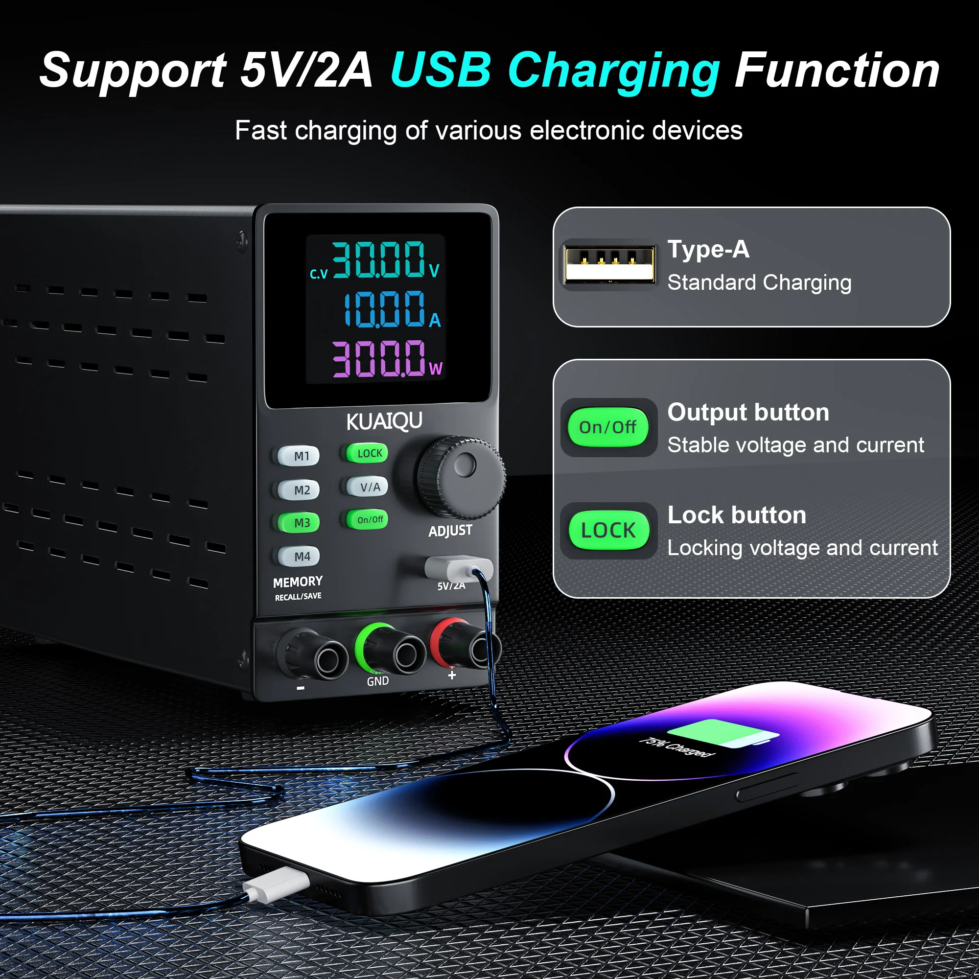 KUAIQU 300V 1A 300W Lab DC Power Supply 30V 60V 120V 200V Adjustable Voltage Regulator M1/M2/M3/M4 Store Memory Switching Source