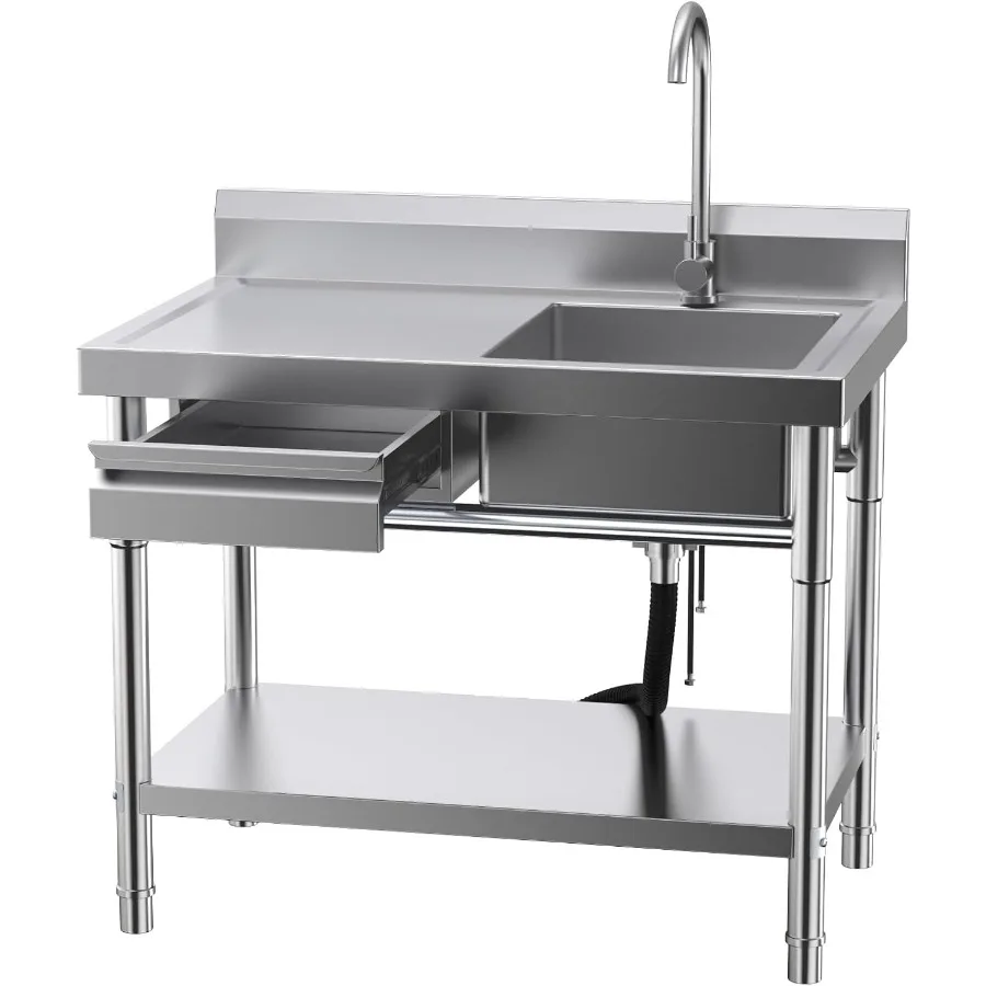 Stainless Steel Utility Sink for Commercial Kitchen and Laundry Room 40'' Free Standing Single Bowl Sink with Built-in Drawer a