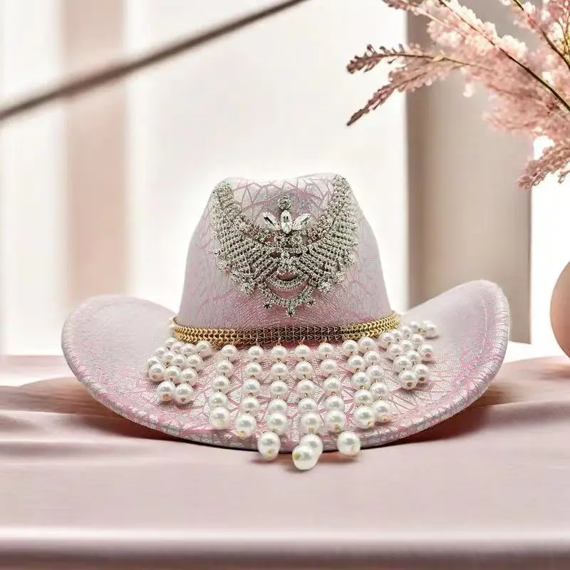 HongLuan Pink Glitter Costume Hat Adult, Cowboy Hats Rhinestone for Woman, Cowboy Cosplay Female Accessories & Cowgirl Cap