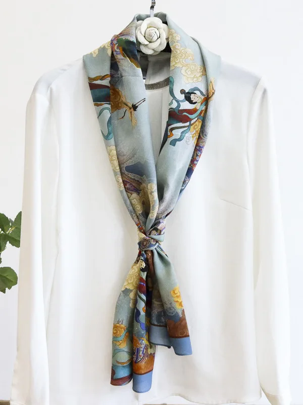 エレガントな純シルクスカーフ-女性用-トレンドのダブルガーゼロングスカーフ-多用途スタイル-花柄プリントスカーフ-杭州中国製