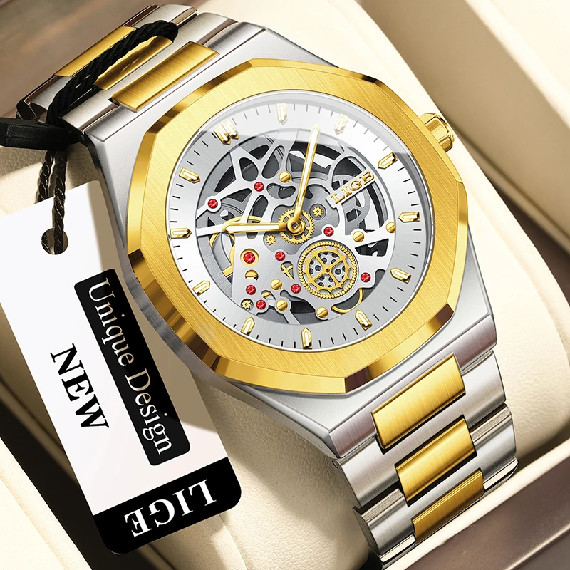 

LIGE Creative Hollow Skeleton Watch Men Fashion Business Men's Quartz Wristwatches Waterproof Luminous Chronograph Montre Homme