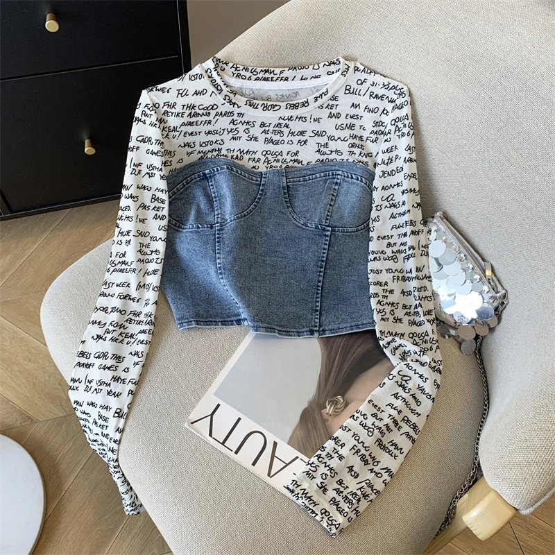 

American Spicl Girl Long Sleeve T-shirt Denim Mesh Splicing Short Top Women's Spring Autumn Letter Printed Small Shirt Trendy