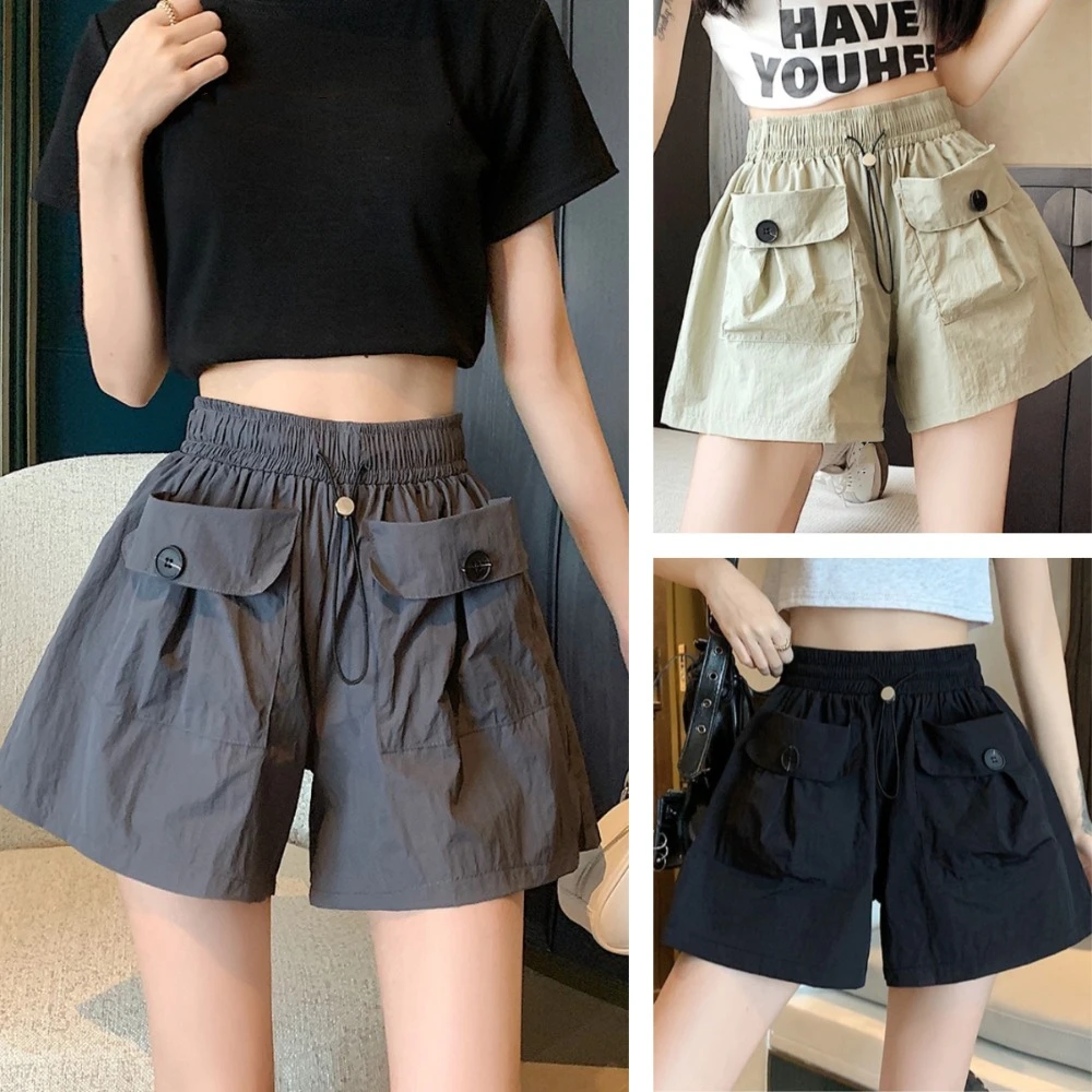 

All Match Loose High Waist Shorts Drawstring Lace Up Causal Shorts Women Large Pocket Streetwear Cargo Pants Summer