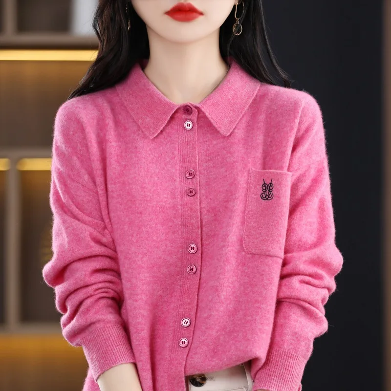 Short Front and Long Back Knitted Shirt Full Wool Women's Autumn and Winter New Embroidered Sweater Coat with Pocket Slimmin