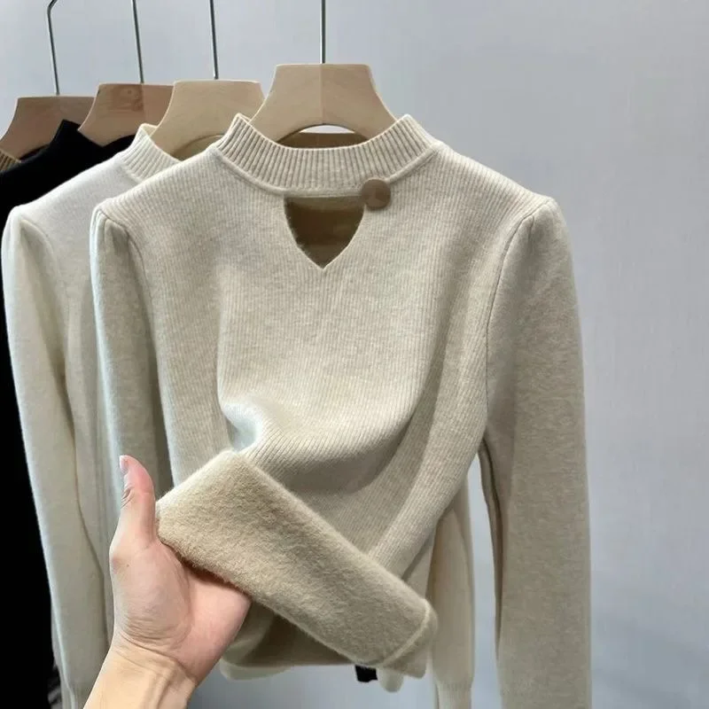 Women Autumn New Long Sleeves Pullover Half High Neck Knitted Base Shirt Hollow-out Design Fleece-lined Thickened Warm Sweater