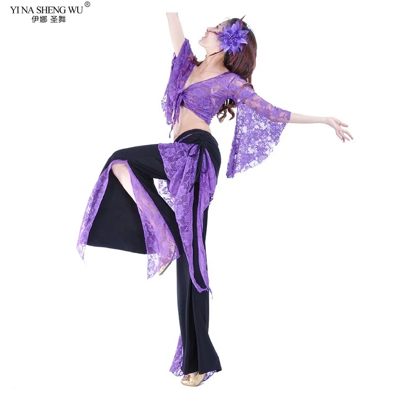 Nowy zestaw do tańca brzucha dorosła kobieta koronka z motylkami rękaw do ćwiczeń ubrania Top + spodnie ubrania taneczne brzucha