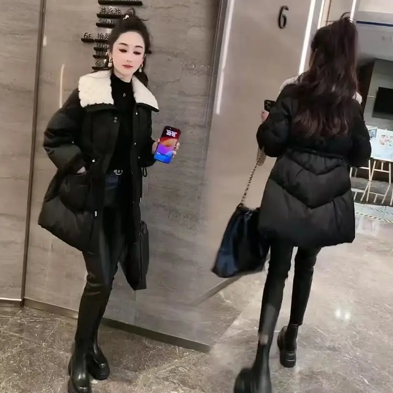 

Women's Single-Breasted Loose Fitting Cotton Jacket with Fur Collar, Korean Version Coat, Lapel, Monochromatic, Autumn and Winte