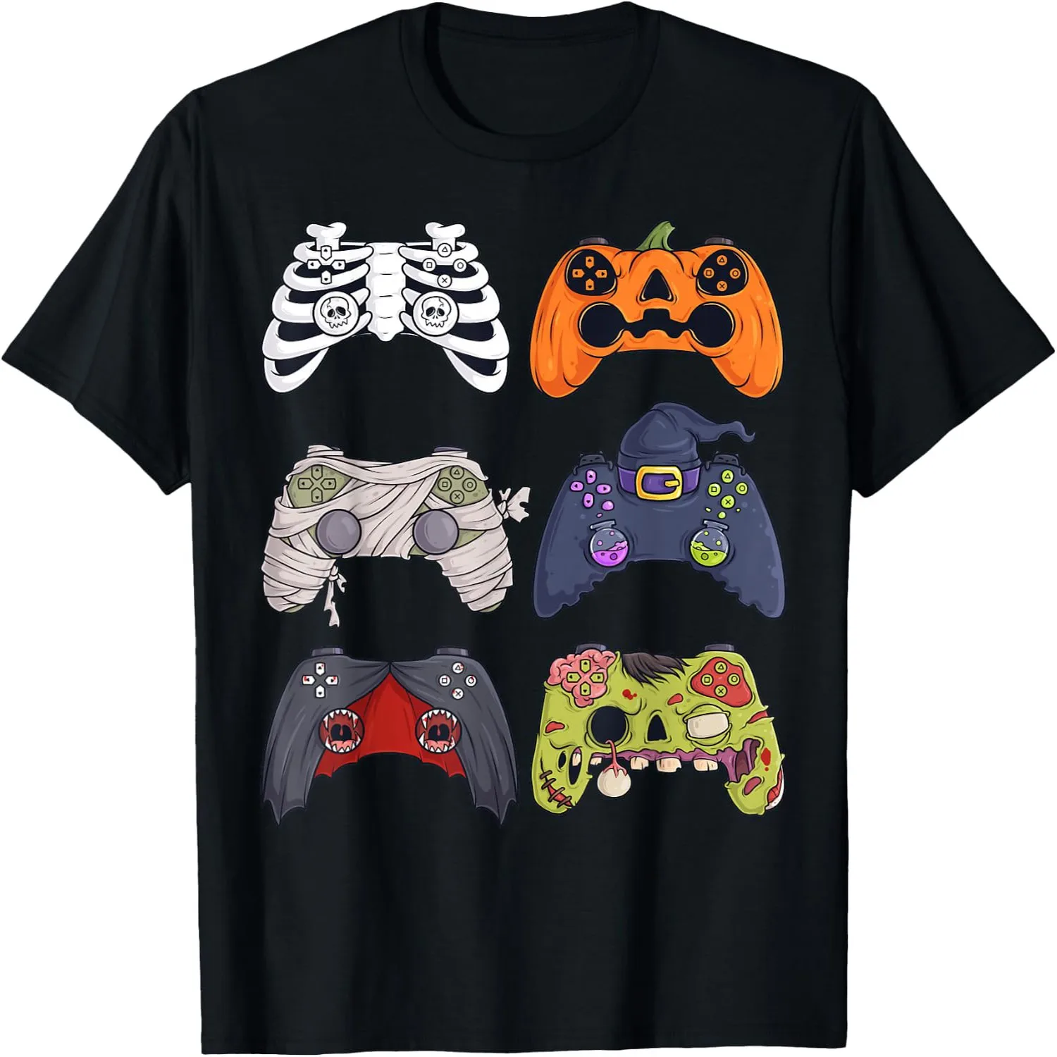 Camiseta de manga corta 100% algodón con diseño de esqueleto, zombi y controles de videojuegos para Halloween, ideal para niños y niñas.