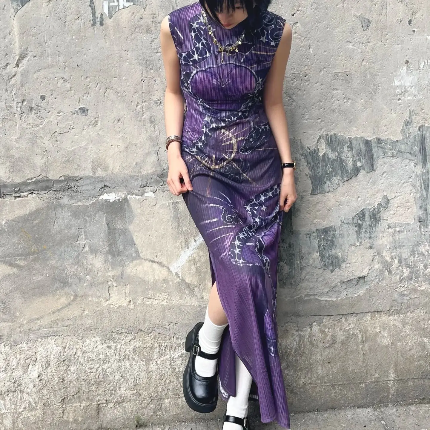 

Chinese Vintage Qipao Dress Floral Print Sleeveless Midi Dress Purple Cheongsam Boho Chic Fashion Casual Party Elegant Outfit