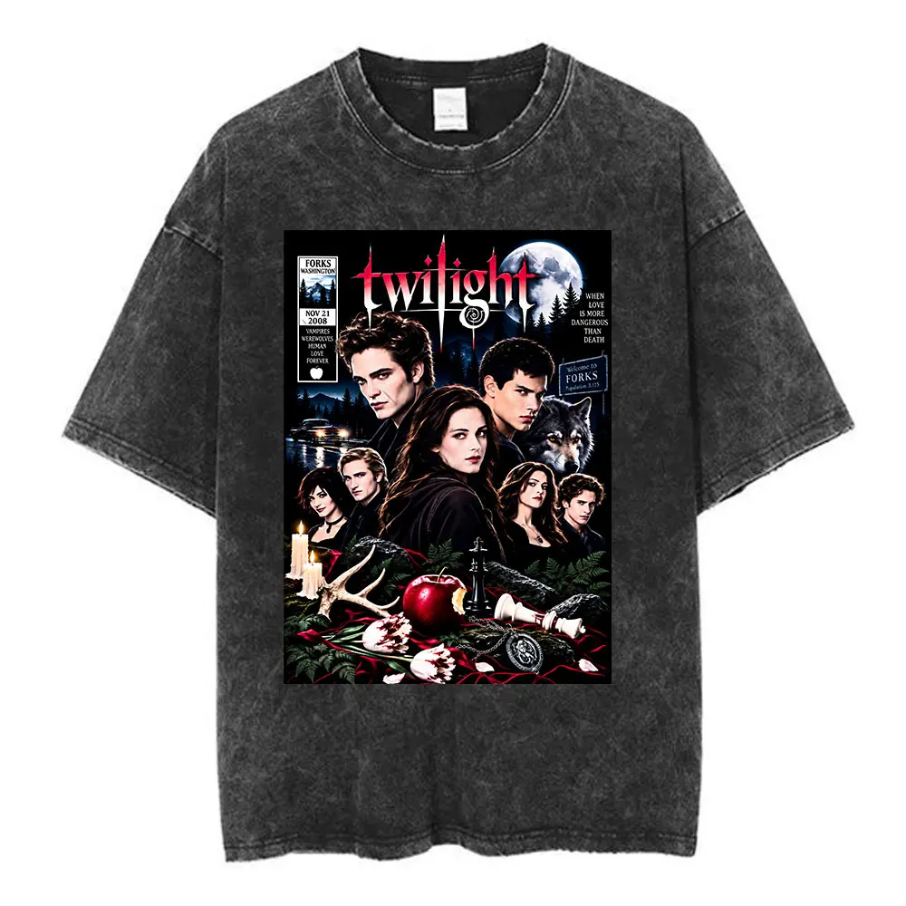 Twilight Saga Edward Cullen Bella Swan Vampire Werewolf Vintage Washed Short Sleeve T-shirts Men Women Clothing Cotton T Shirts
