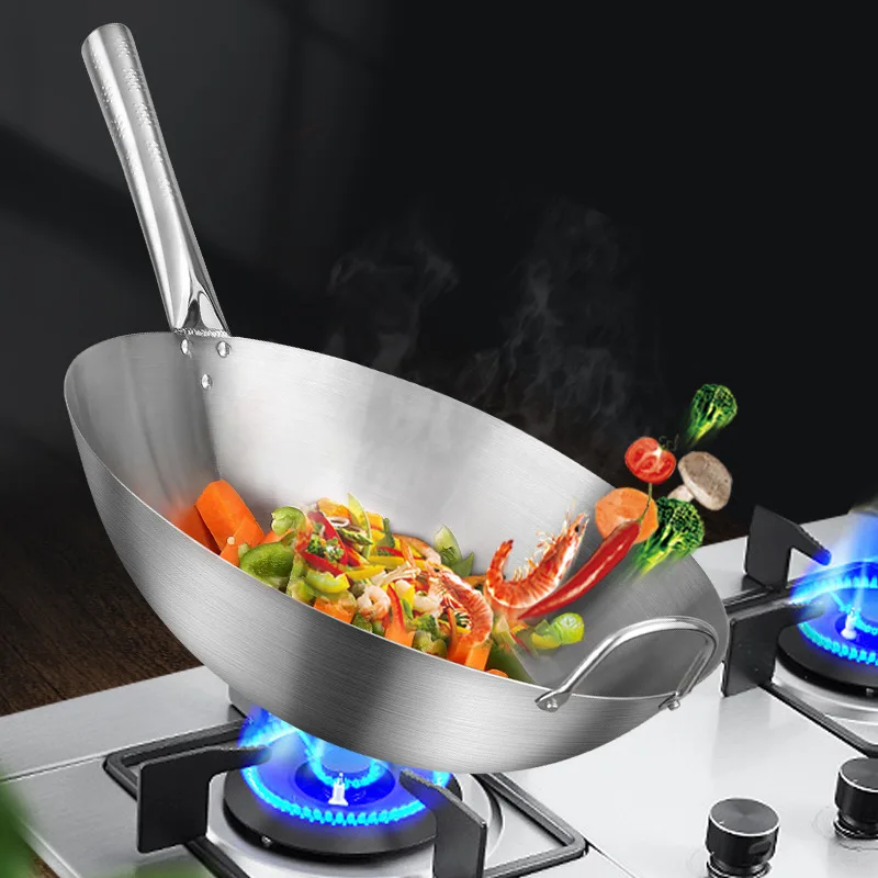 Stainless Steel Non Stick Wok Chinese Handmade Wok Double Ear Chef Fry Wok Gas Cooker Non Coating Round Bottom Cooking Woks