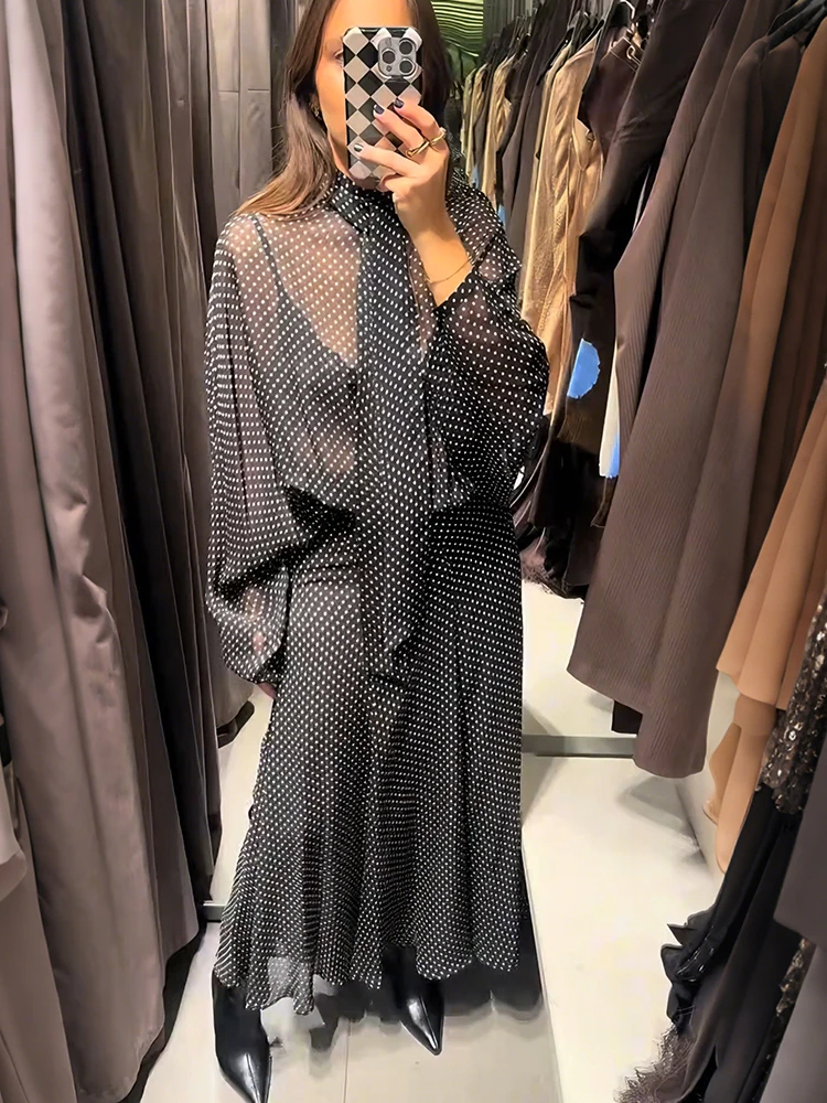 CharmChant Dames Polka Dot Doorschijnend Chiffon Oversized Shirt & Maxi Rok 2-delige set Lente 2026 Retro Elegant Chic Feestoutfits - afbeelding 2