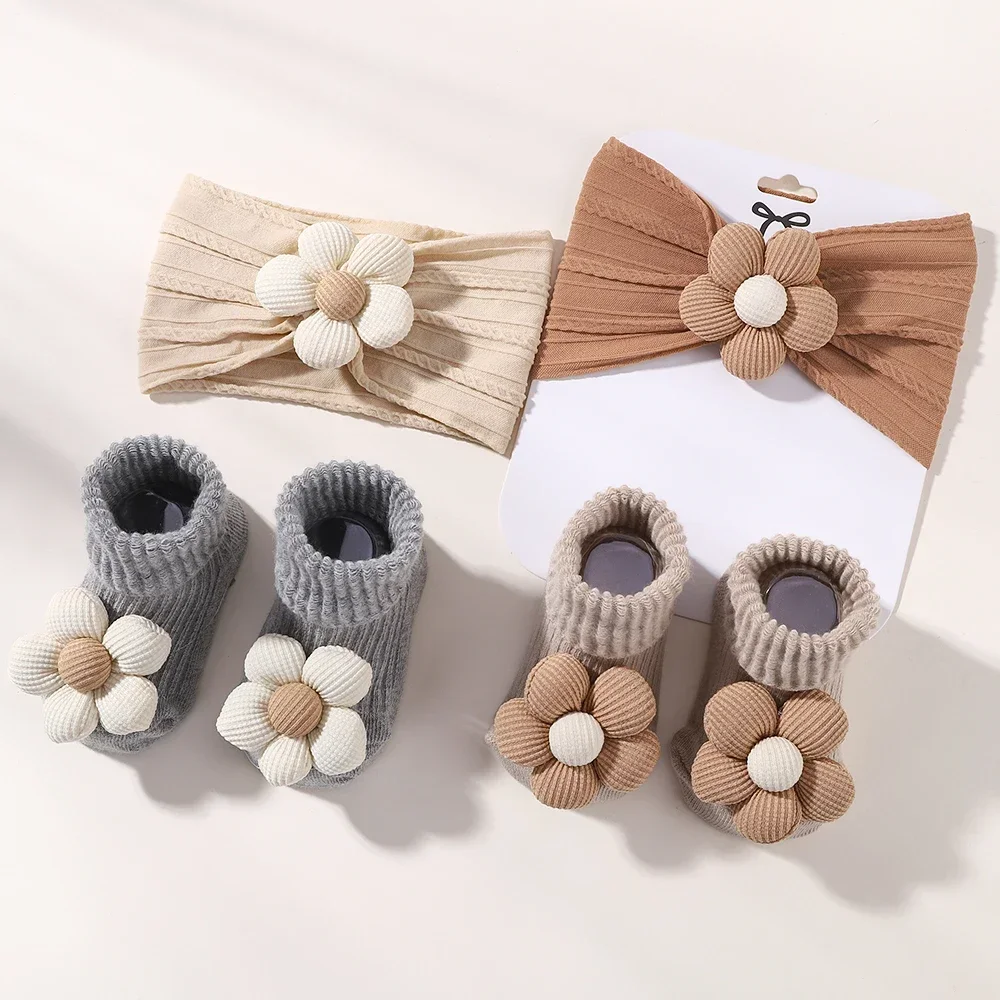 2Pcs Flower Baby Headband Socks Set Soft Nylon Hairband for Newborn Girl Elastic Floral Turban Short Sock Infant Headwear