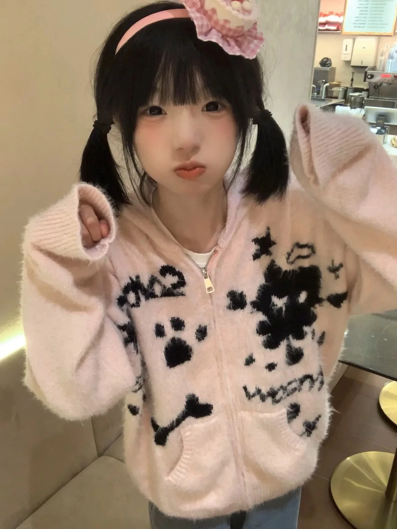 

Kimotimo японский милый кот жаккардовый вязаный кардиган женский осенне-зимний милый свитер с капюшоном на молнии пальто модный свитер