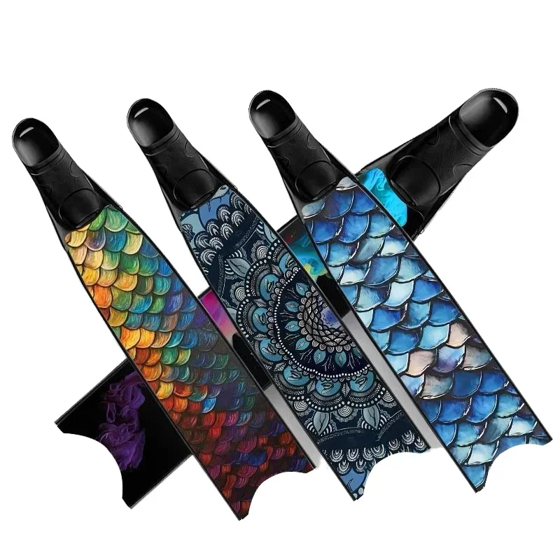 Fiberglass Freediving Fins Mermaid Fish Scale Print Long Blade Full Foot Pocket Snorkeling Spearfishing Fins for Women Men