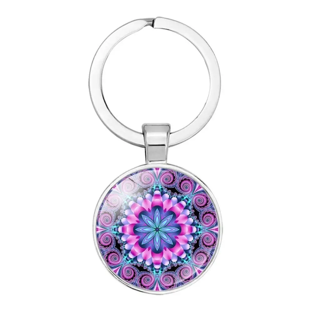 Multi-coloured Mandala Pattern Glass Gems Keychain Sacred Geometric Purple Flowers Yoga Chakras Key Ring Gifts for Friends