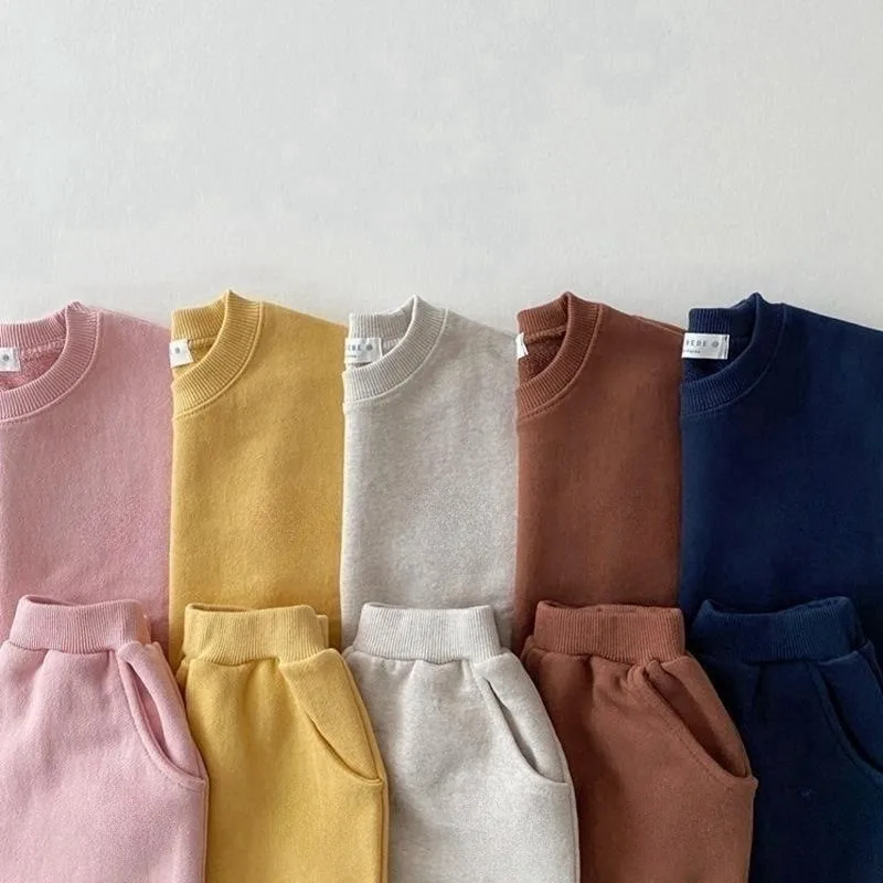 

Infant Toddler Set Pure Cotton Knitted Round Neck Sports Sweatshirt Toddler Solid Color Pullover Long Pants Two Piece Set Trendy