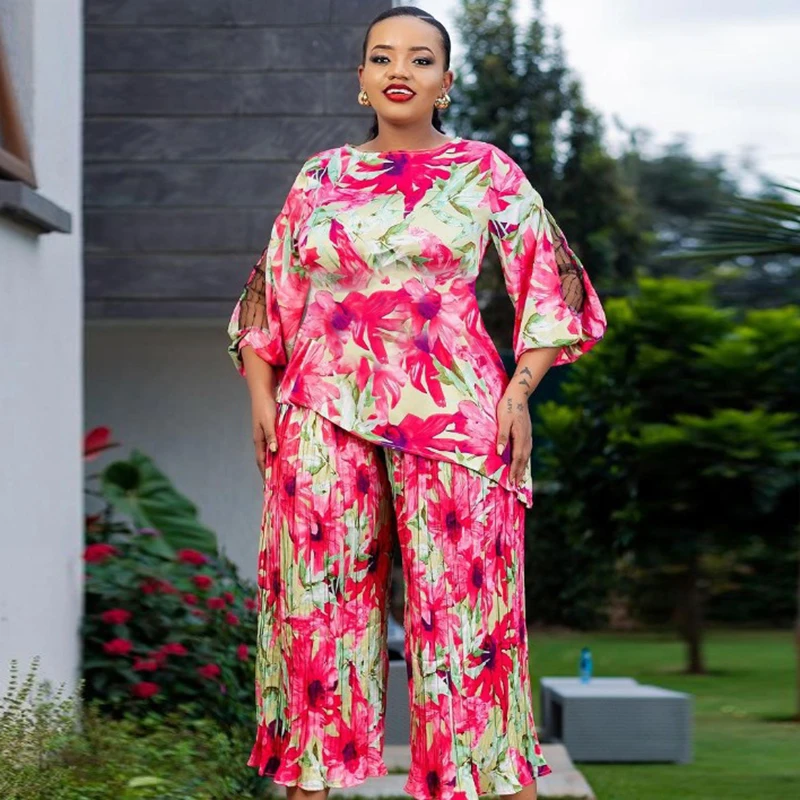 Women Elegant Printed Two Piece Matching Sets Fashion Long Sleeves Dashiki Tops And Wide Leg Pants Suits African Female Outfits