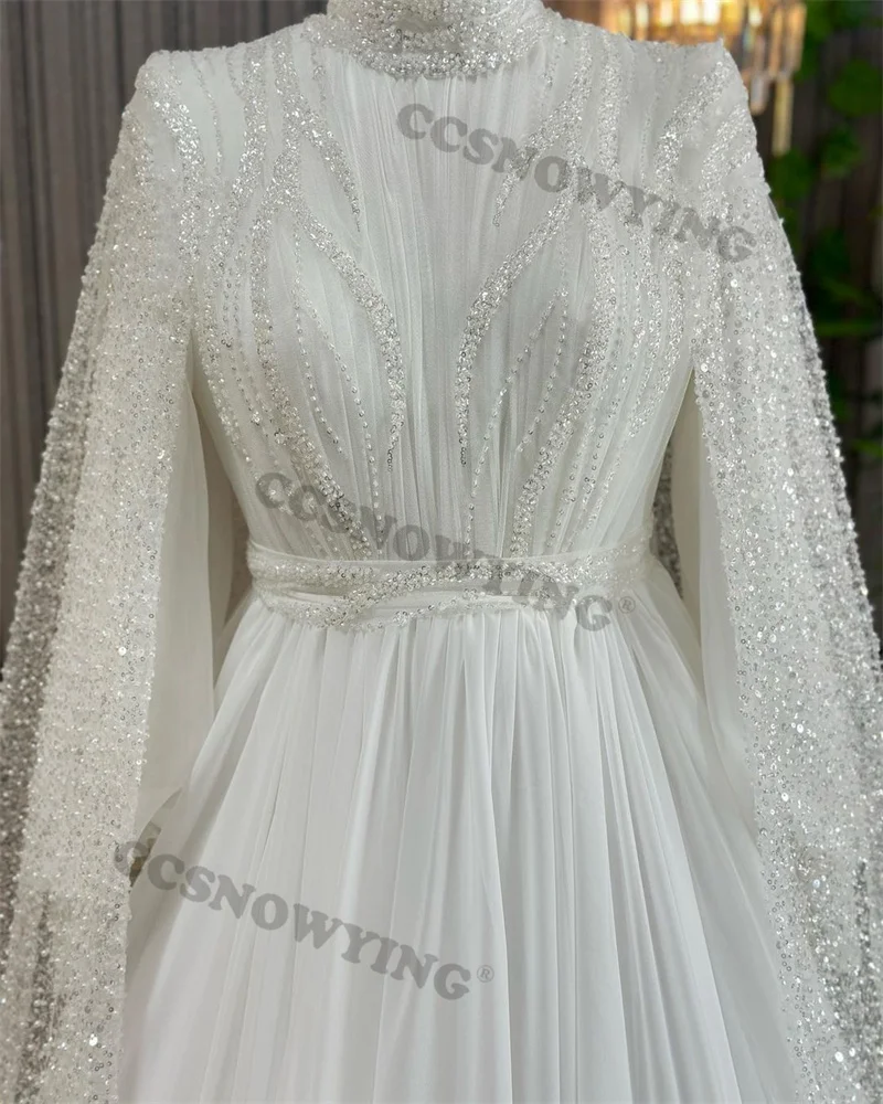 Wonderful  Chiffon Beaded Sequin Muslim White Puffy Sleeve  High Neck with Cape Wedding Dress Prom Dress Formal Occasion Dresses