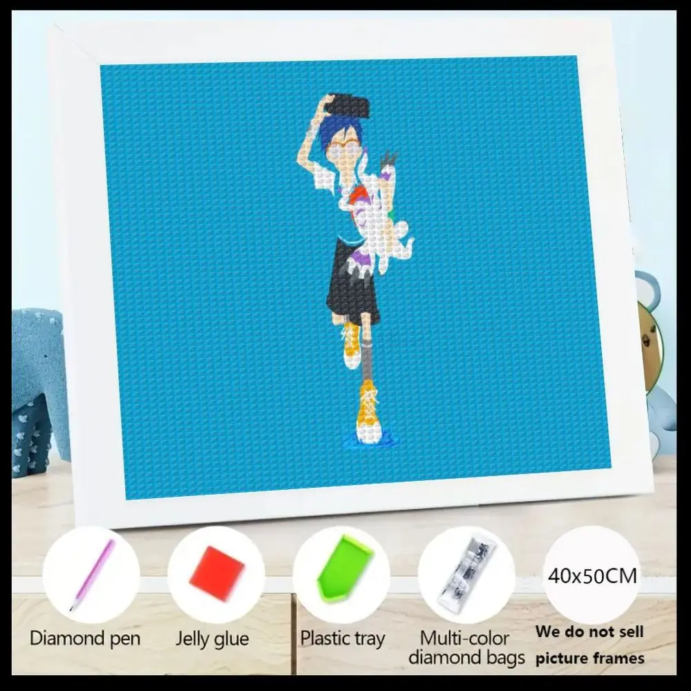 

Алмазная вышивка 5D, 40x50 см, с мультяшным персонажем: синие волосы, белая рубашка, черная юбка, желто-оранжевые туфли, с цветными элементами