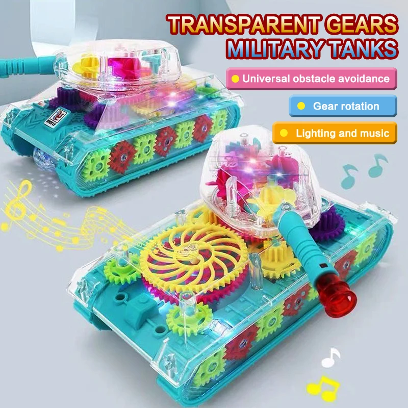 Electric Tank Toy with Mechanical Gear Rotation Cool Lighting & Music Engineering Vehicle Christmas Holiday Gift Toy for Kids