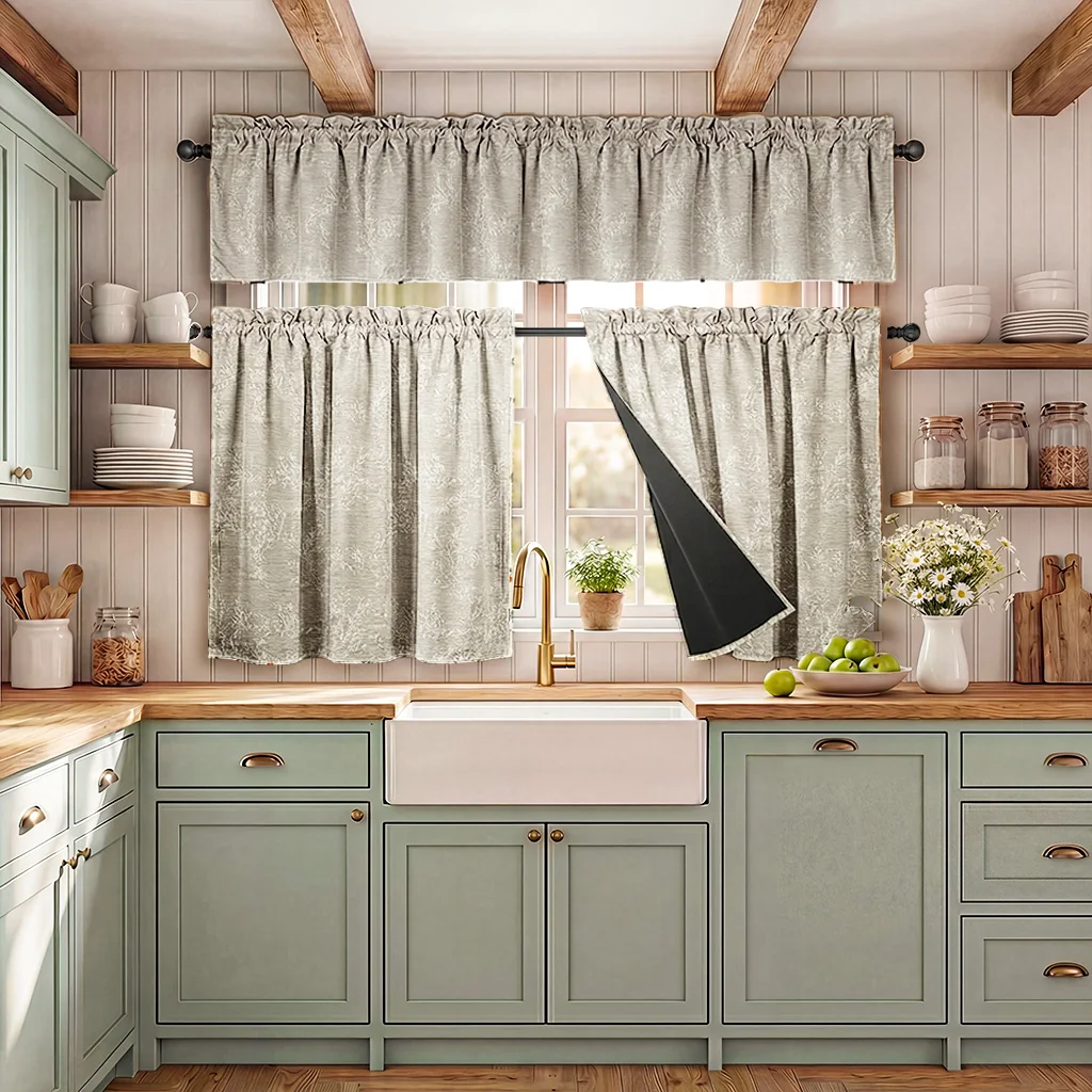 3-Piece Set, French-Style Watercolor Print Kitchen Blackout Curtain Set, Includes One Valance and a Pair of Small Curtains, Beautiful Illustration Print, Fade-Resistant, Ruffled Rod Pocket Design, Easy to Install, Lightweight and Soft, Black Coating Lining, 100% Blackout Effect, Privacy Protection, Polyester Material, Washable, Suitable for All Seasons, Darkens the Room, Suitable for Bedrooms, Living Rooms, Offices, Kitchens, Dining Rooms, Cafes, Dorms