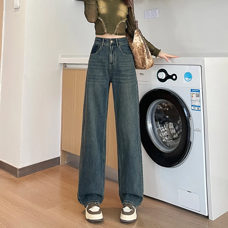 

Gray Thickened Straight Jeans Women's Autumn Winter 2024 New High Waisted Loose Pants Vintage Korean Popular Clothes Waist Denim