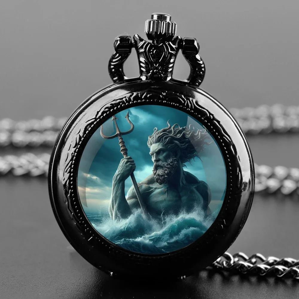 

Poseidon God of The Sea Design Quartz Pocket Watch Personality Faith Creative Pocket FOB Watch Pendant For Men Women