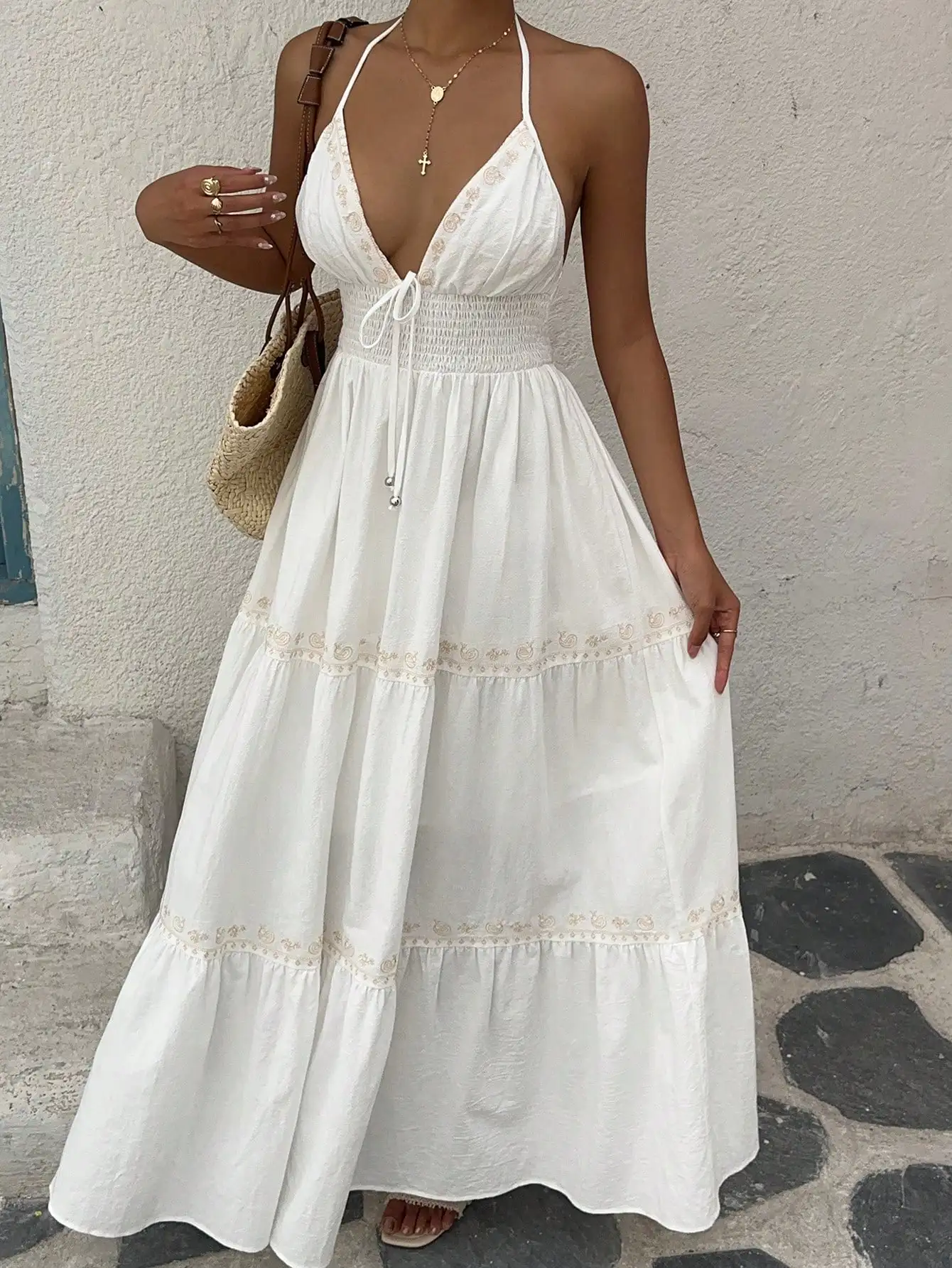 

White Bohemian Halter Neck Maxi Dress with Embroidered Trim and Smocked Waist