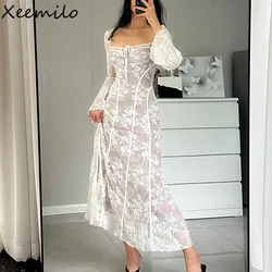 Xeemilo French Gentle Lace Patchwork Maxi Dress Elegant Pretty Square-neck Flare Sleeve Maxi Dresses 2023 Evening Party Vestidos