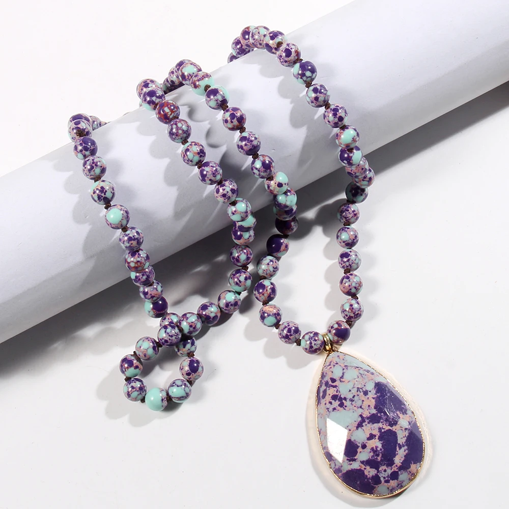 Fashion Lover Gift Lady Bohemian Jewelry Natural Gemstone 8mm Pink Imperial Stone Knotted Faced Drop Pendant Necklaces