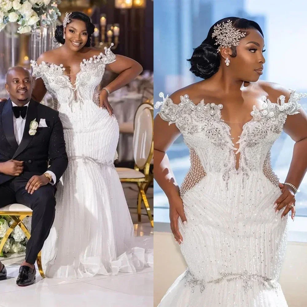 تخصيص خمر اللؤلؤ العربية Aso Ebi حورية البحر فستان الزفاف قصيرة الأكمام حجم كبير رداء دي خطاباتخطابهزوجات 2025 زي العرائس