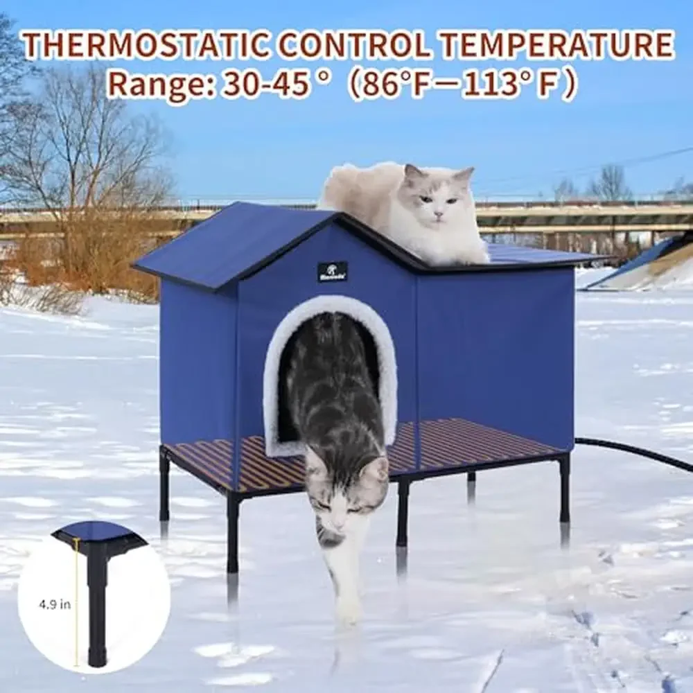 Heated Cat House Weatherproof Cozy Shelter with Heating Pad Elevated Outdoor Kitty Bed Winter Automatic Temperature Control Easy