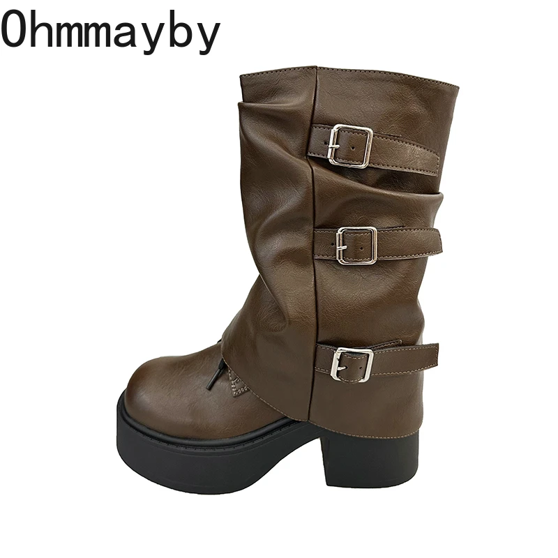 الخريف الشتاء منصة سميكة وحيد النساء الأنابيب الأحذية موضة الانزلاق على فستان أحذية السيدات أنيقة الارتفاع زيادة منتصف العجل الجوارب