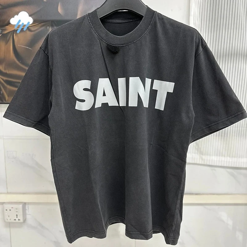 T-shirt Vintage Lavé Noir 100% Coton 25SS Homme Femme Décontracté Mode Classique Lettres Logo Imprimé Saint T-Shirt Oversize