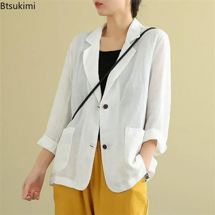 2026 Women's Casual Spring Autumn Cotton Linen Blazers Jacket  Female Long Sleeve Elegant Fashion Cardigan Suit All-match Coat