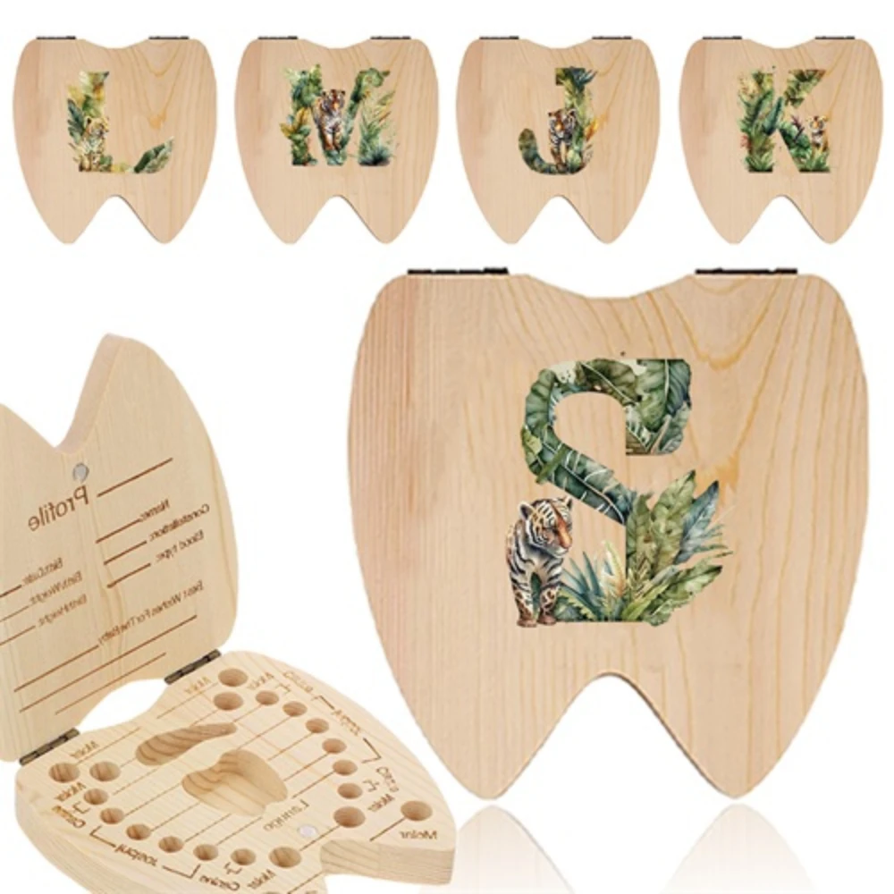 

Creative Milk Teeth Organizer Children Wood Tooth Box Collect Teeth Umbilica Save Gift Kid Tooth Box Jungle Tiger Letter Pattern