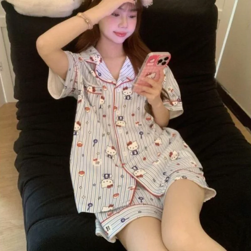 

Sanrio Hello Kitty Pajamas Set Cloud Cartoon Womens Homewear Sweet Striped Summer New Viral Short Sleeve Shorts Sleepwear Set