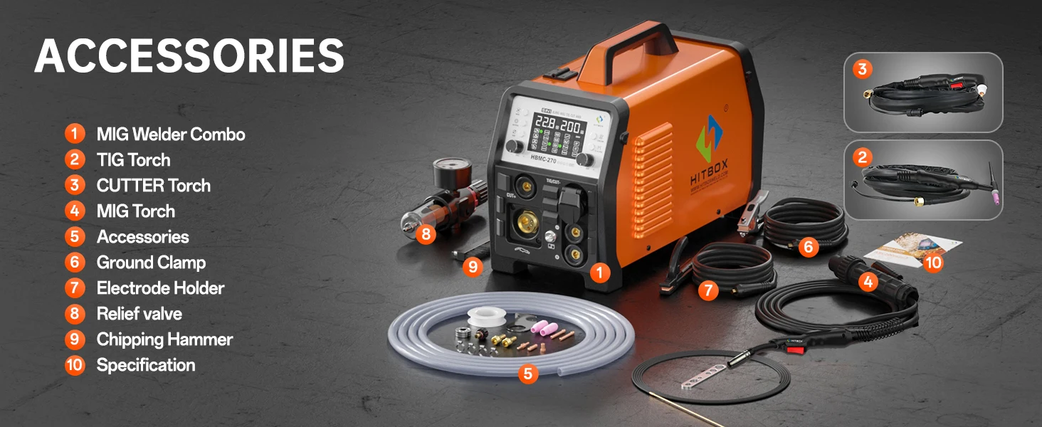HITBOX HBMC270 MIG-Schweißgerät 220V 6-in-1 Multiprozess-Schweißgerät Aluminium MIG Gas Gaslos MMA HF TIG Punktschweißen Plasmaschneider 2T 4T Funktion Tragbares Inverter-Schweißgerät – Detail 5