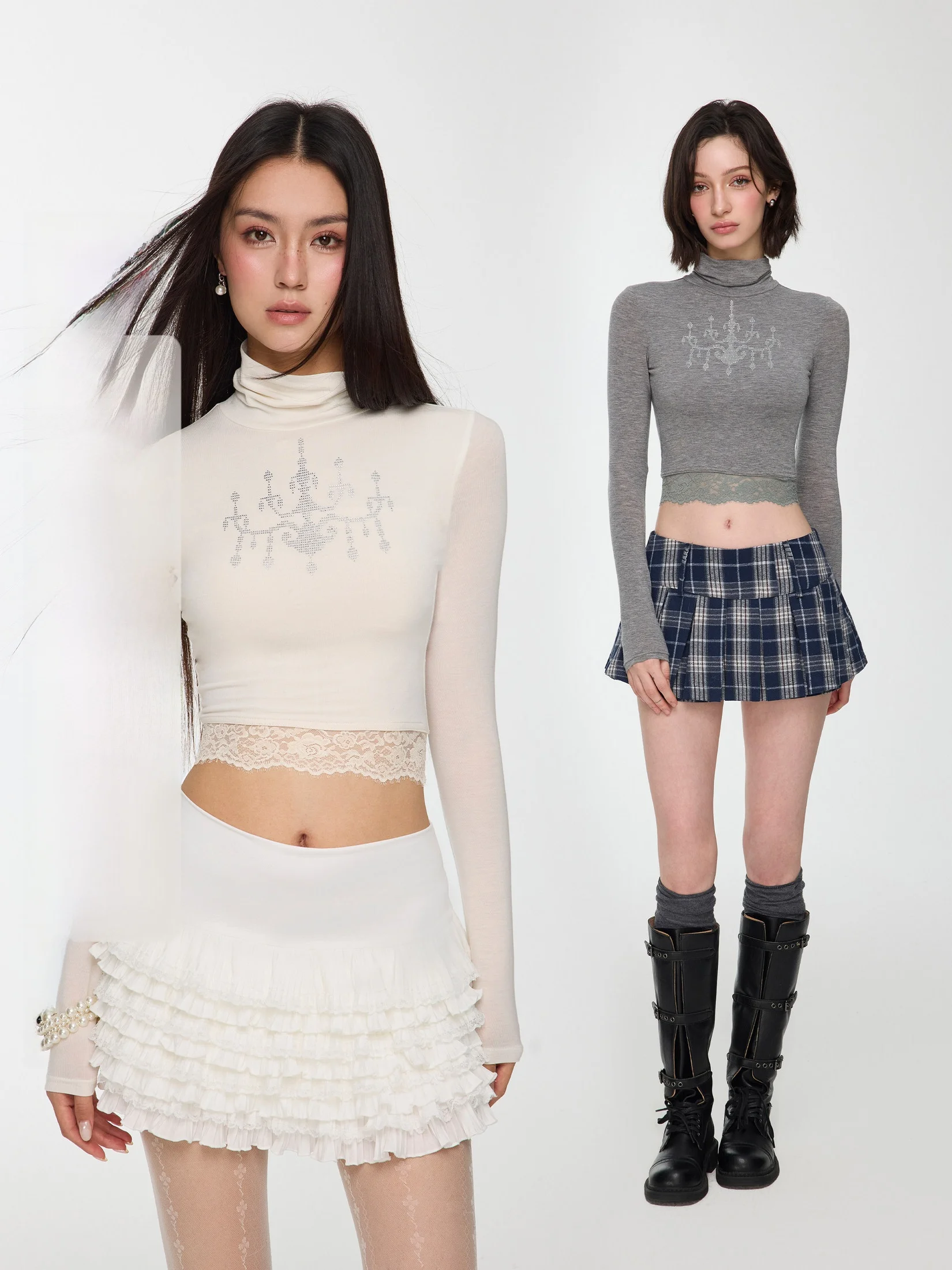 

M Studio High Collar ort Sve Long irt Women's Slim Fit Base irt Spring Autumn Spicy Girl Design Sense Diamond