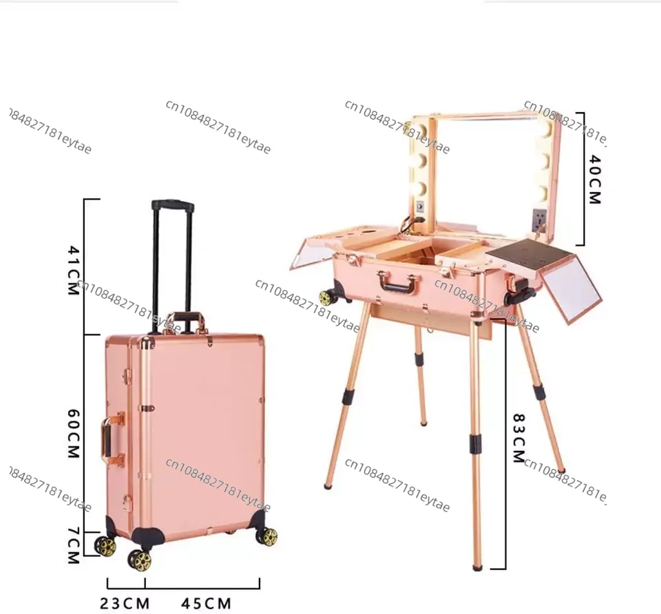 Rolling Makeup Case with Chair Dismountable LED Lights Vanity Case with Free Standing Workstation for Professional Makeup Lover