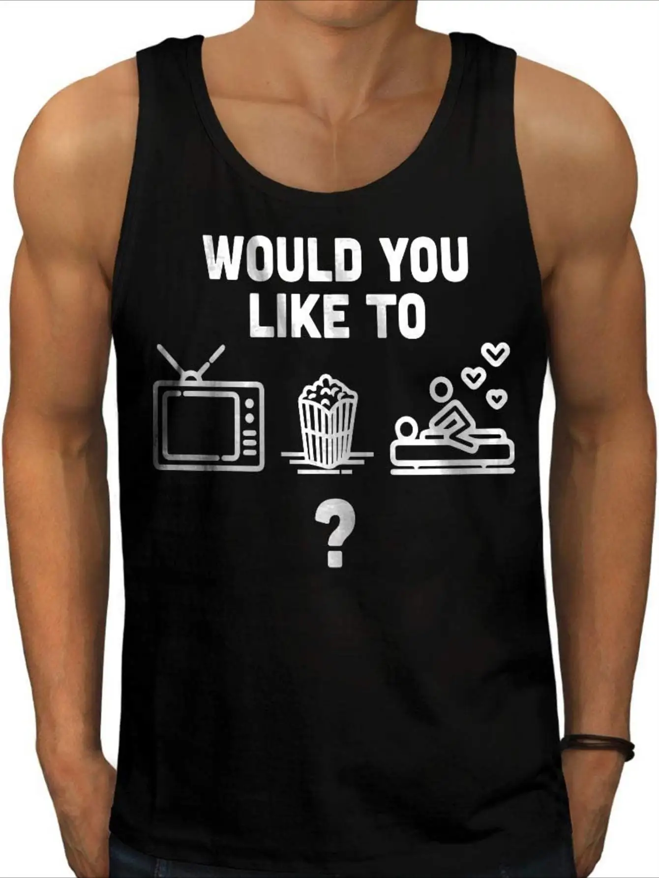 Men's movie and leisure pattern t-shirt - Black sleeveless shirt, featuring popcorn and movie logo