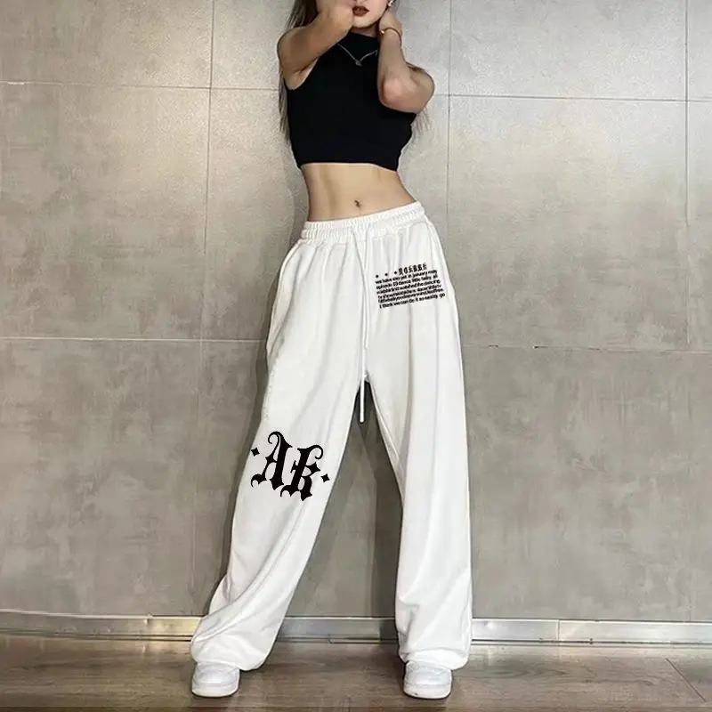 

Hip Hop Streetwear Women's Dance Sweatpants Korean Spring Summer Print Drawstring Elastic Waist Loose Sports Wide Leg Trousers