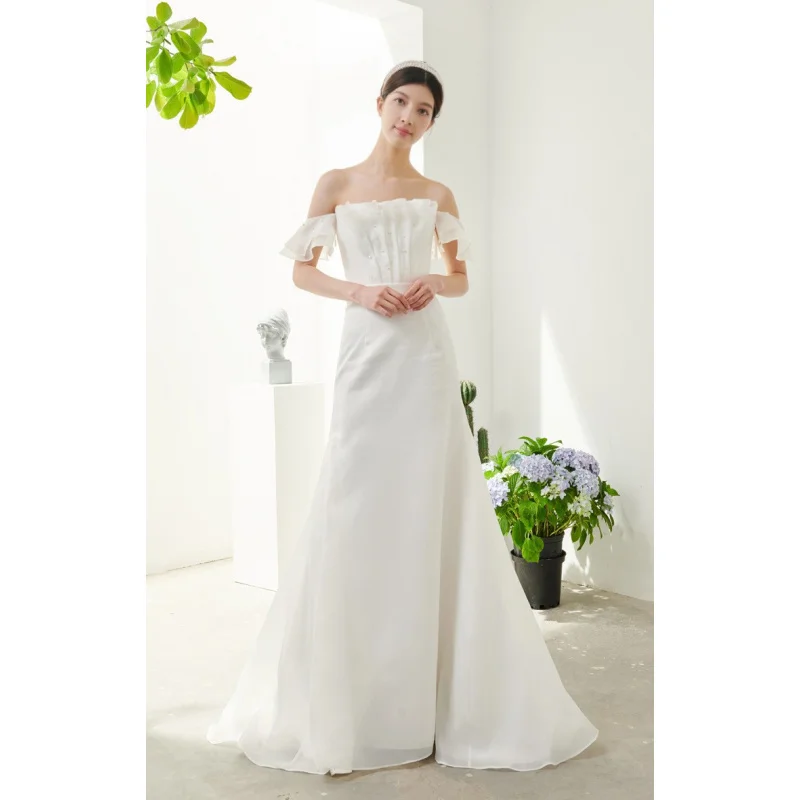 جديد النمط الفرنسي السفر التصوير خارج الكتف الأورجانزا بسيط أنيق العروس حورية البحر فستان الزفاف